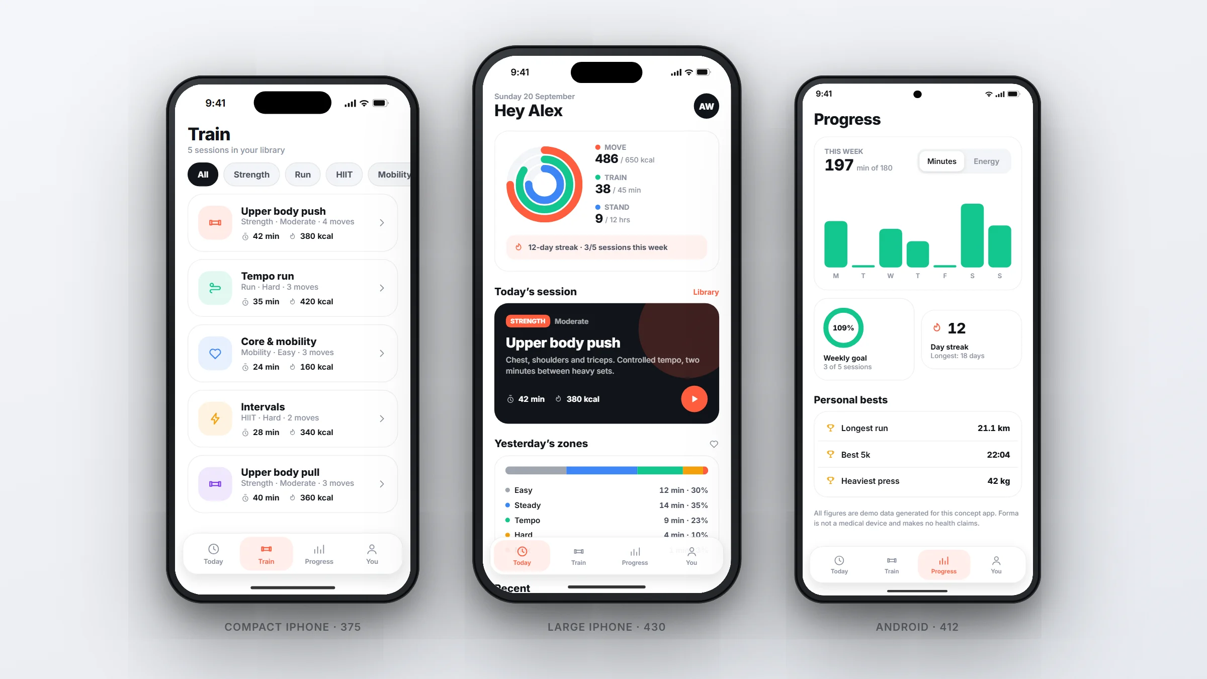 Forma on a compact iPhone, a large iPhone and an Android phone