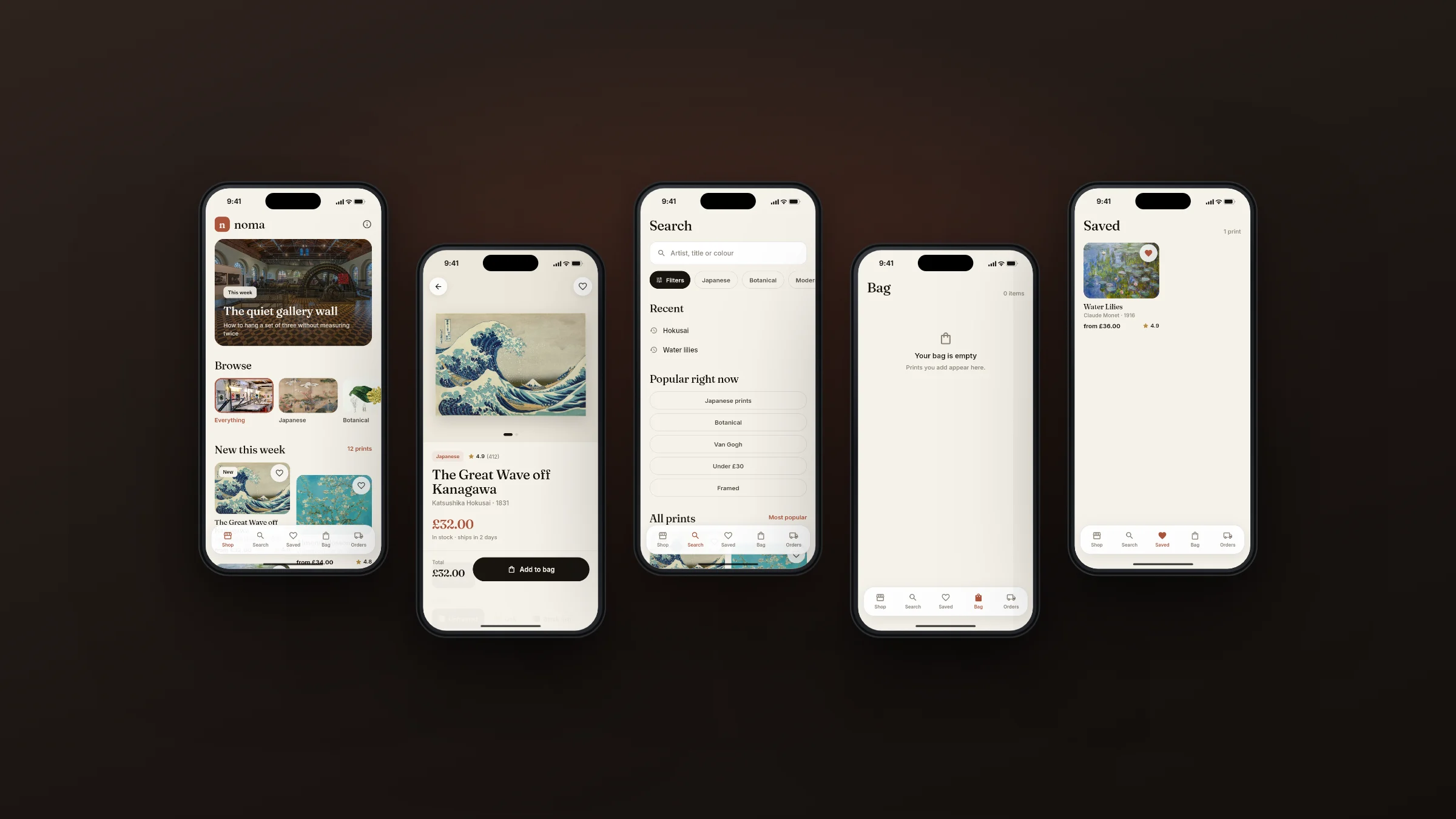 Six Noma screens: shop, search, product, bag, checkout and orders