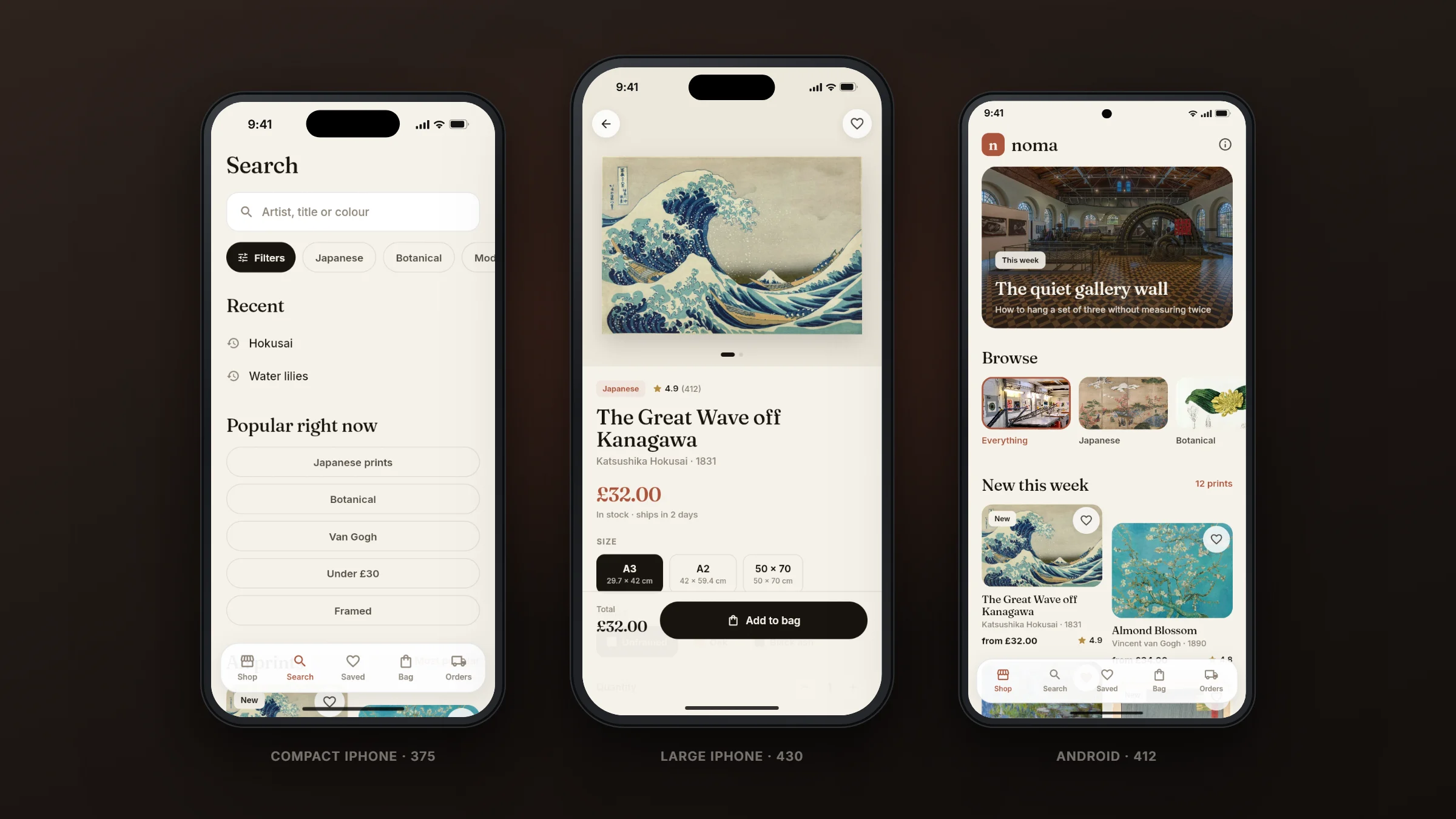 Noma on a compact iPhone, a large iPhone and an Android phone