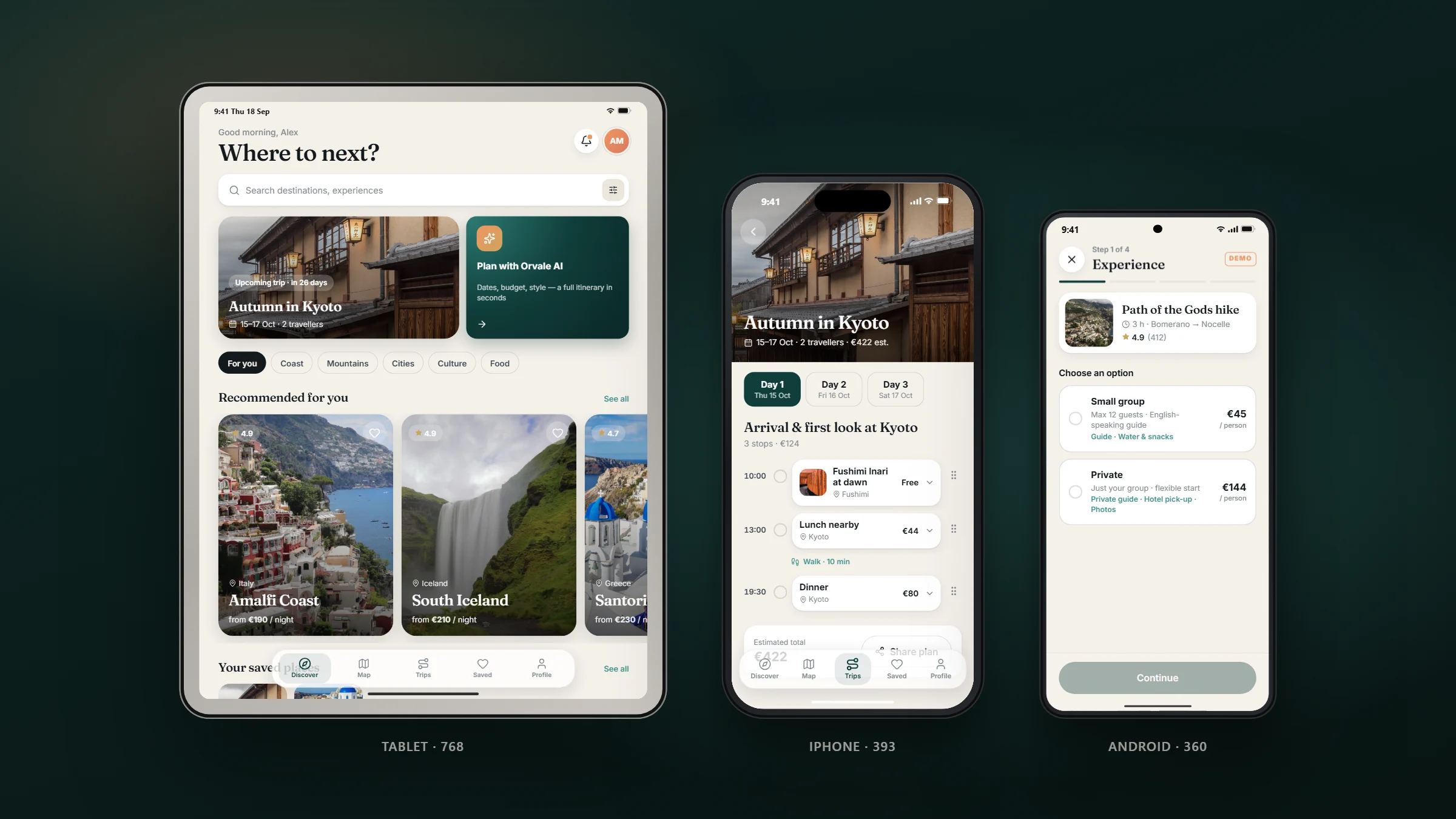 Orvale on a tablet, an iPhone and a small Android phone