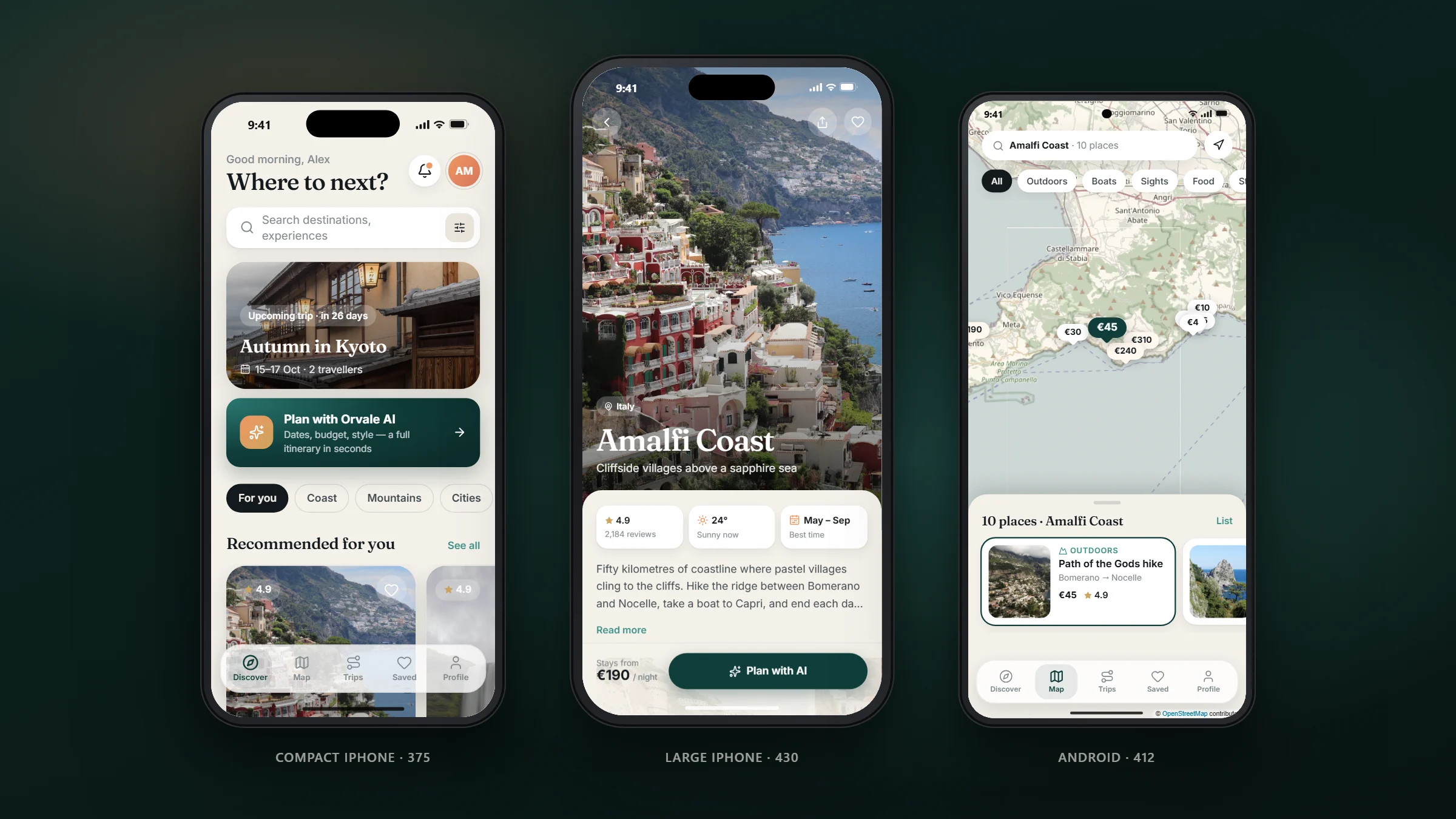 Orvale on a compact iPhone, a large iPhone and an Android phone