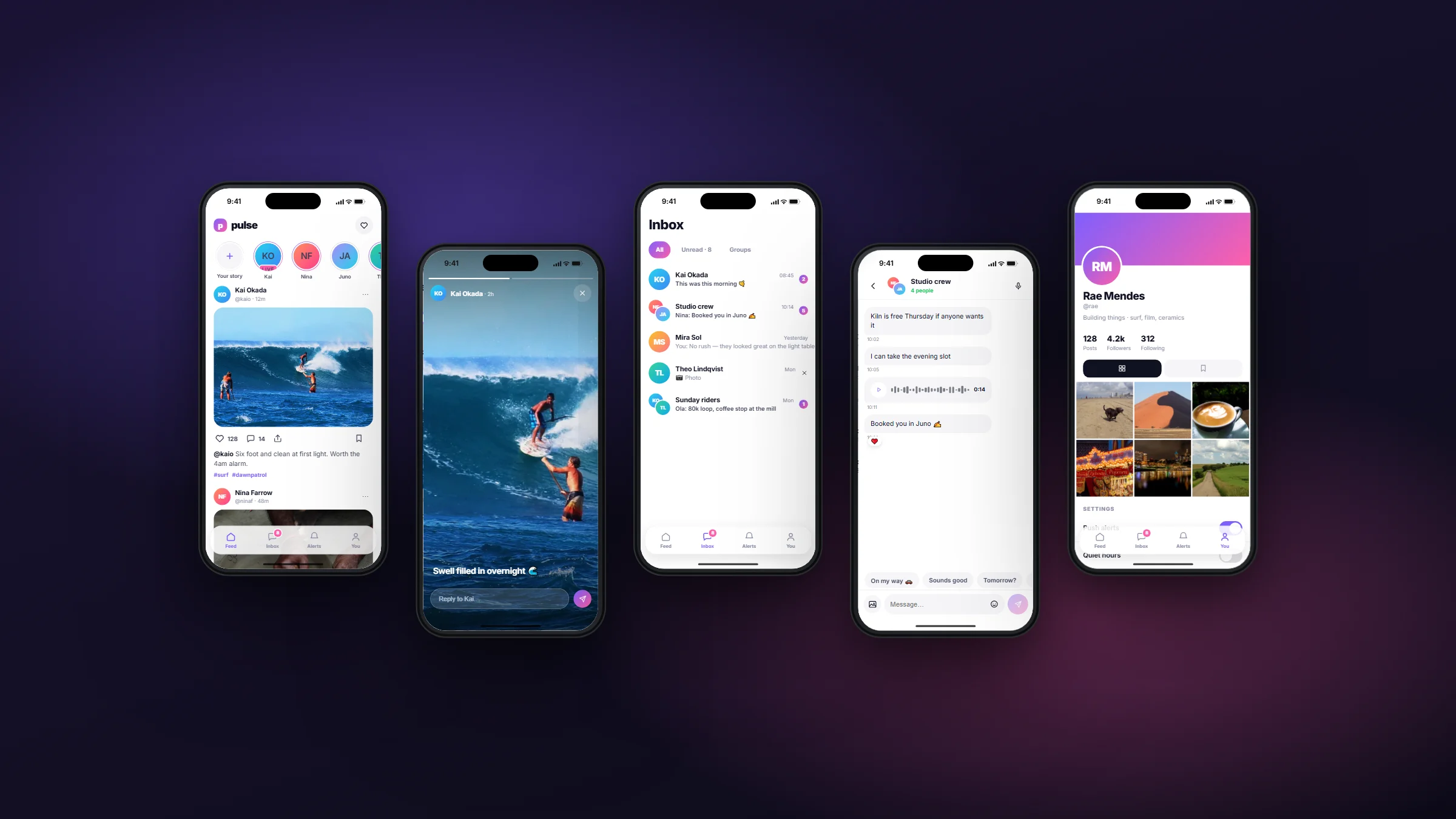 Five Pulse screens: feed, story, inbox, conversation and profile