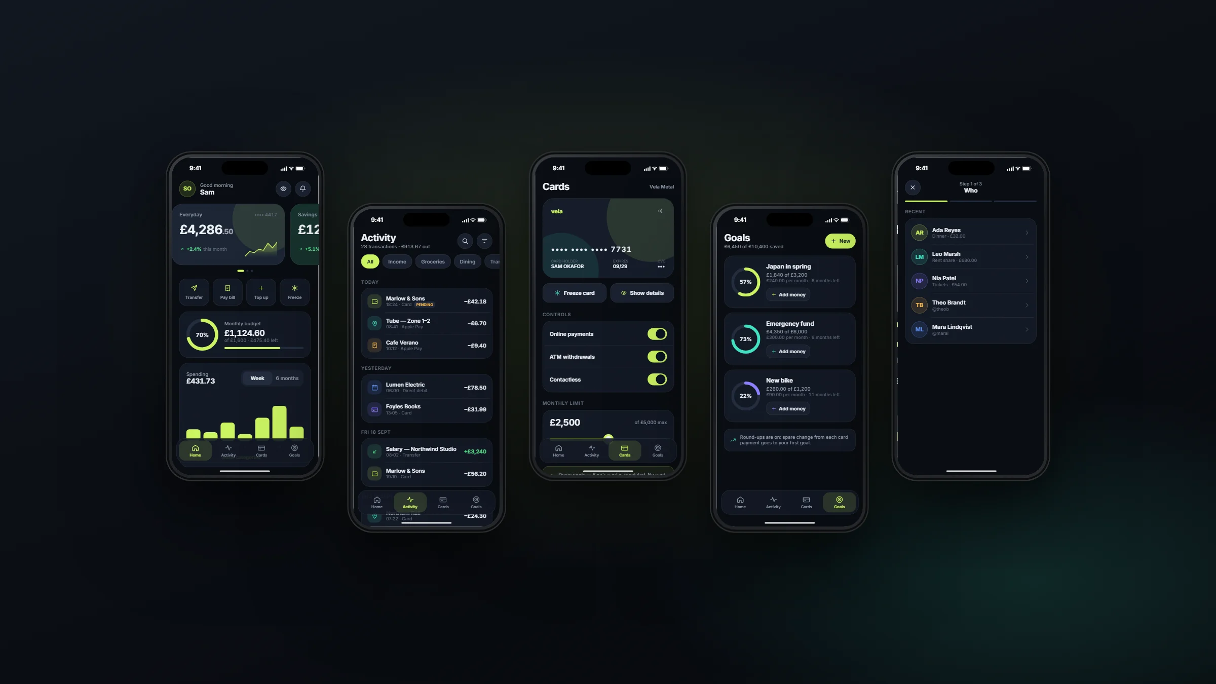 Five Vela screens: home, activity, cards, goals and transfer