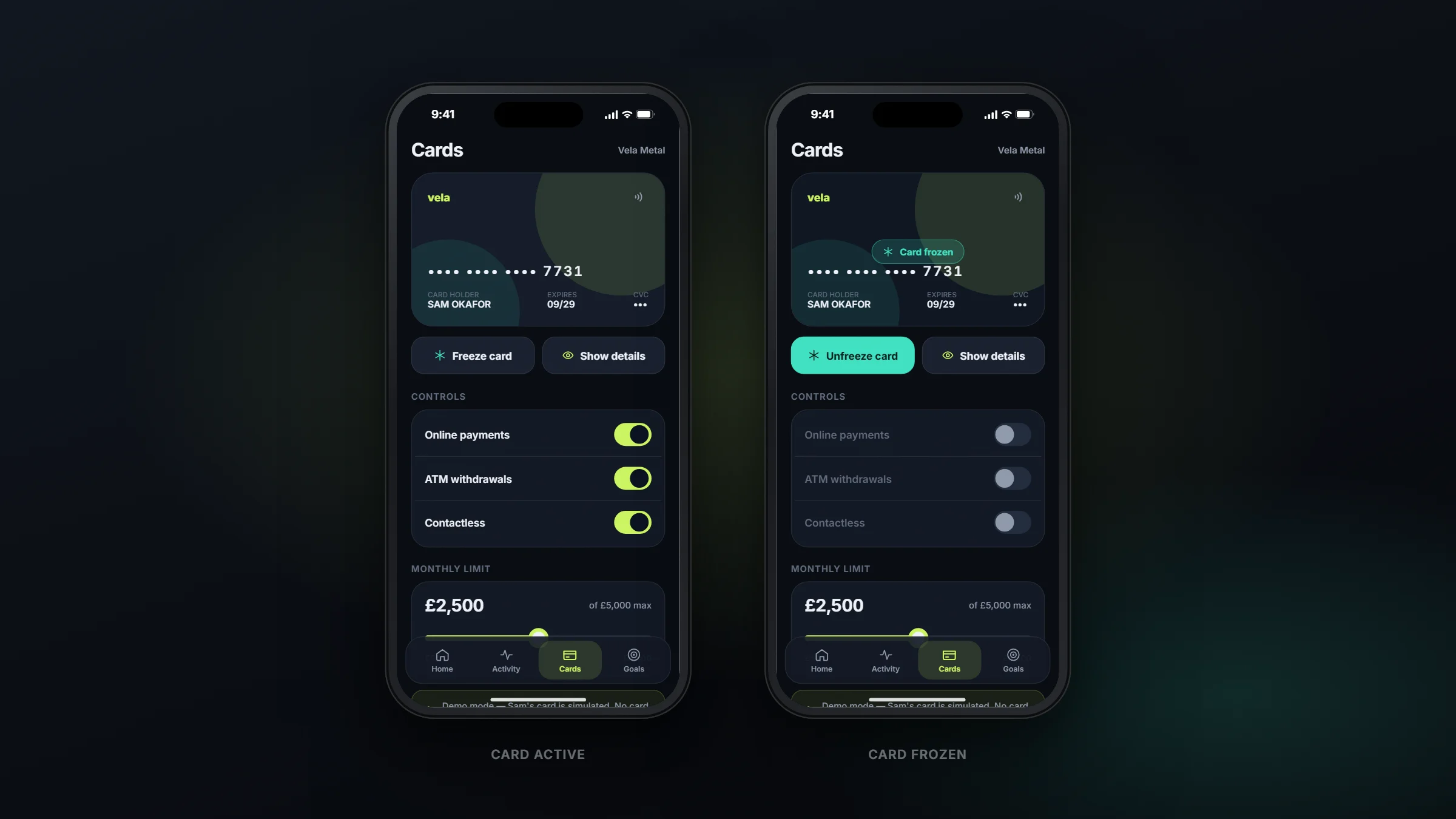 Vela card states: active and frozen, side by side